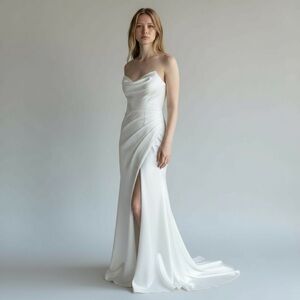 NWOT Elegant White Strapless Satin Bodice Ruched Wedding Dress Size 16